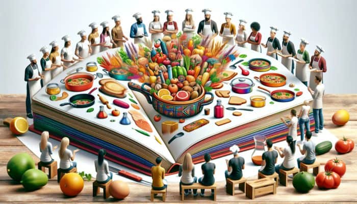 A warm kitchen scene where novice cooks learn easy recipes from expert chefs using an illustrated cookbook.