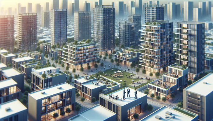 Aerial view of Mahikeng's mid-level property market with experts analyzing trends around contemporary buildings and community spaces.