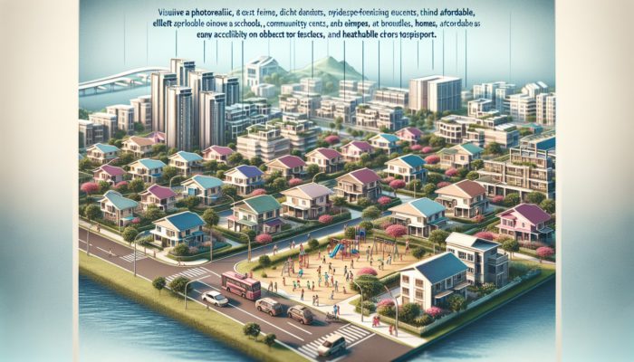 A secure neighborhood featuring children playing in a park, surrounded by schools, community centers, and affordable homes with excellent access to healthcare and transportation.