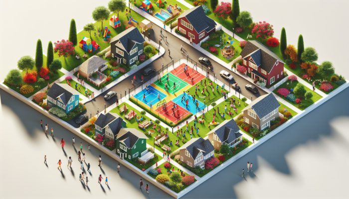 Aerial view of a lively Springs neighborhood featuring family homes, gardens, children playing, and community parks.