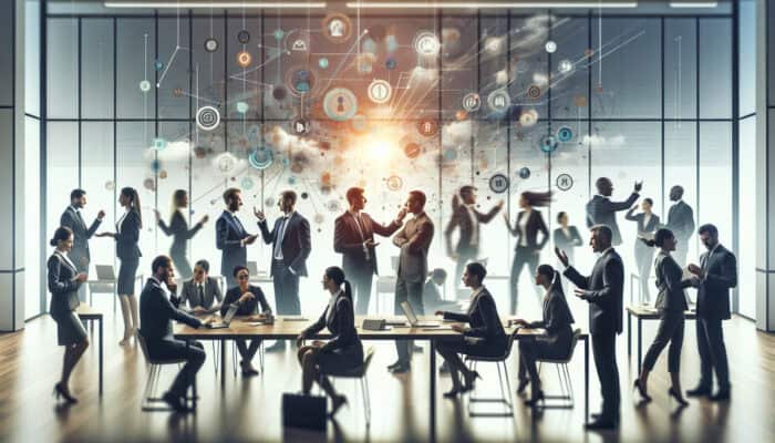 Illustration of diverse professionals using effective communication techniques in a modern office.