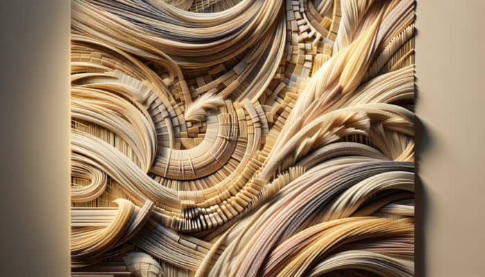 Close-up of expertly optimised raffia blonde textures, blending natural and enhanced fibers in sunlight.