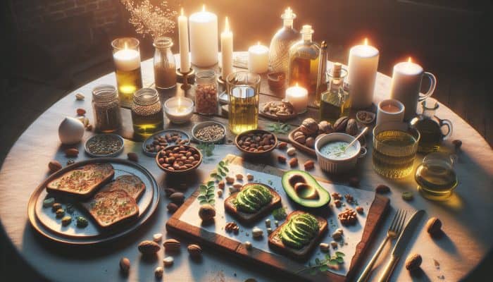 A romantic dinner featuring avocado toast on wholegrain bread, surrounded by an assortment of nuts and oils, illuminated in soft evening light.