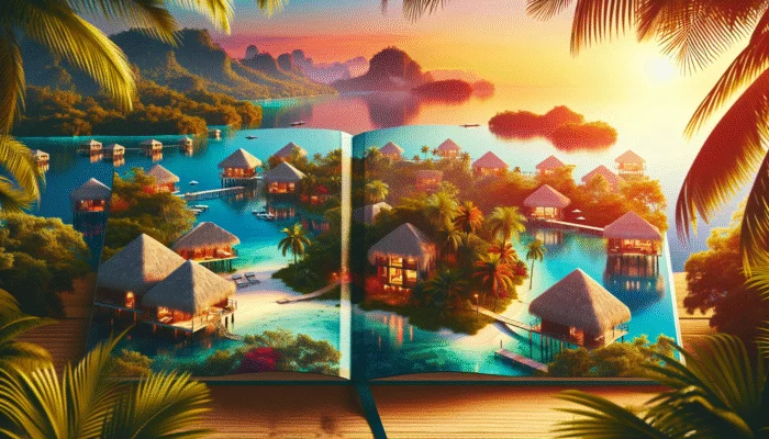 Cover of a guidebook featuring Belize's premier resorts with jungle, beaches, and overwater bungalows at sunset.