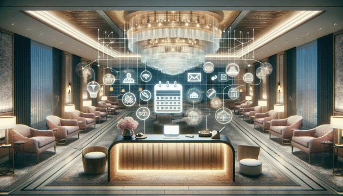 Elegant resort lobby featuring a booking desk, calendar indicating off-peak dates, and laptop displaying exclusive stay promotions.