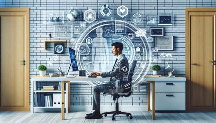 A human virtual assistant efficiently multitasking in a modern home office.