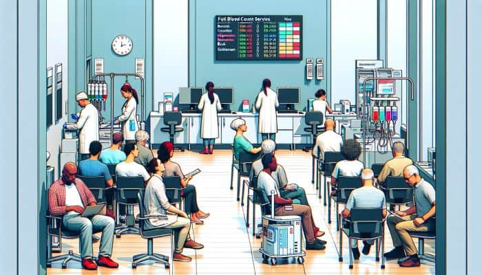 A busy Chadderton health clinic, showcasing patients waiting for full blood count services, equipped with modern medical tools and friendly staff.