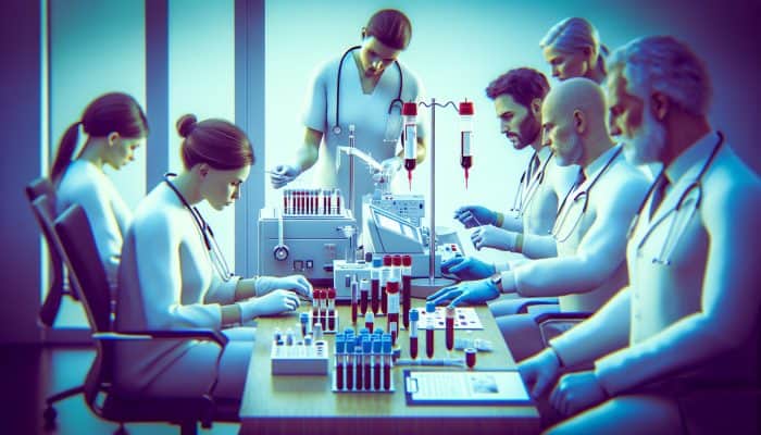 An illustration of FBC testing in a Chadderton clinic, with professionals analyzing results for early detection of anaemia and infections.
