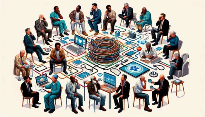 Diverse men using devices for telehealth in rural UK, facing connectivity issues, contrasted with in-person consultations.