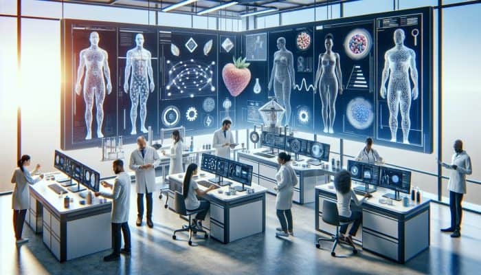 A modern lab with advanced equipment for precise food intolerance testing, showing diverse people receiving personalised dietary advice.