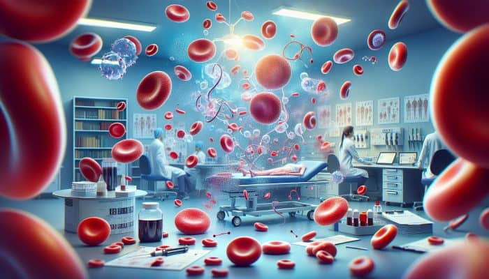 Illustration of a full blood count showcasing red and white blood cells, and platelets on a clinical background.