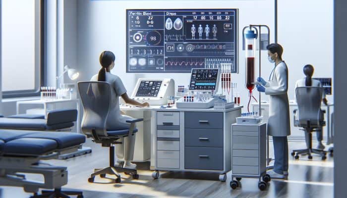Illustration of a ferritin blood test being conducted in a Droylsden clinic, showcasing medical equipment and staff in action.