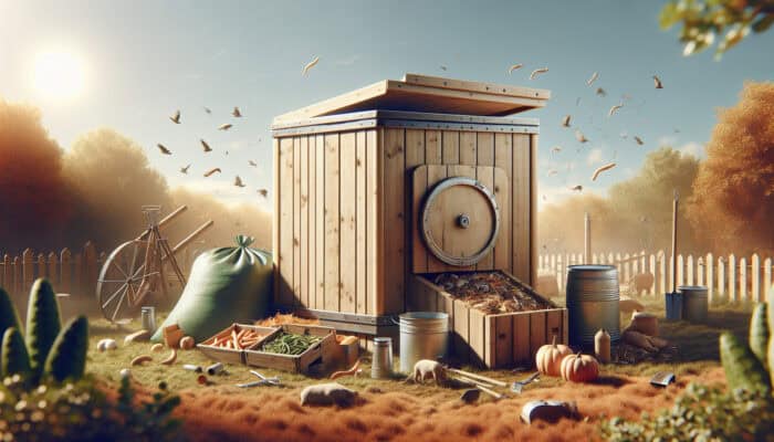 Sturdy, ventilated compost bin with a secure design in a sunny yard, filled with pet waste, surrounded by composting tools and various composters.