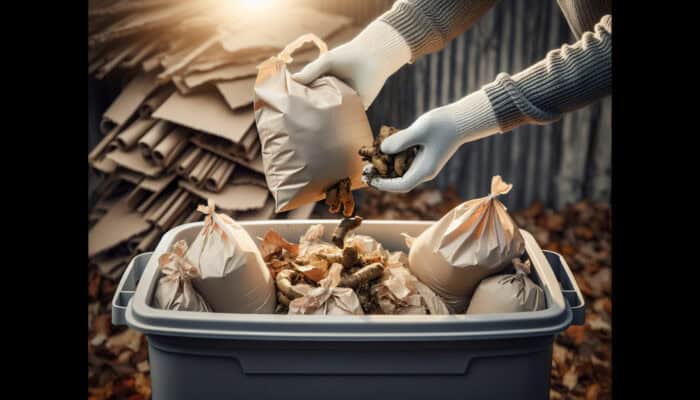 Individual adding pet waste in biodegradable bags to composter with leaves and cardboard for balanced composting.