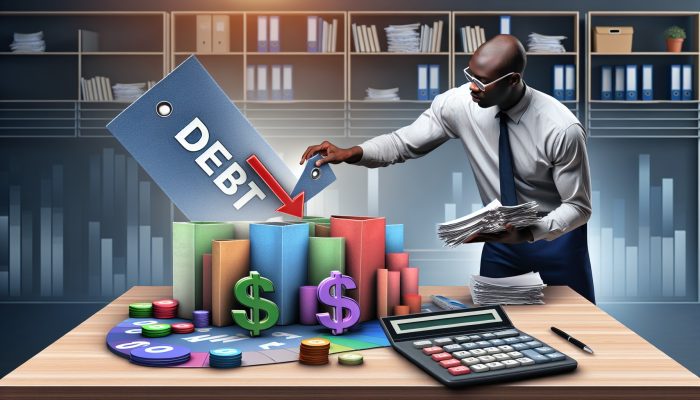 Debt Consolidation Loan APR Breakdowns: UK Guide | DCL A person organising colourful debt papers into a "Consolidation Loan" folder, with a calculator showing reduced interest rates, in a modern UK office.