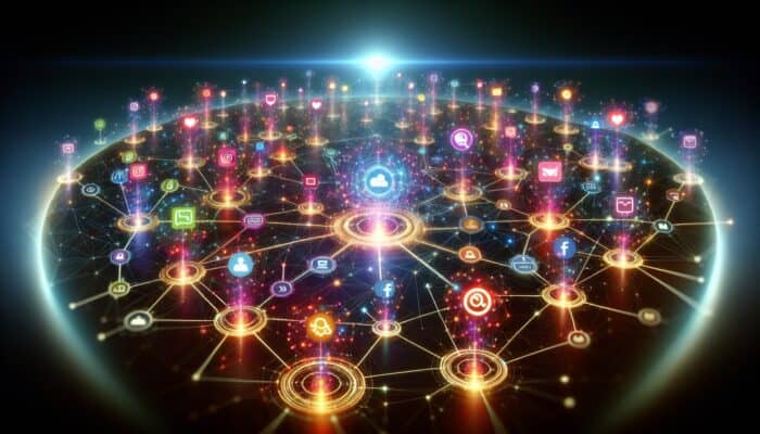 Measuring Supplement Social Media Success: A vibrant digital landscape with interconnected nodes symbolising social media platforms and a central brand logo.