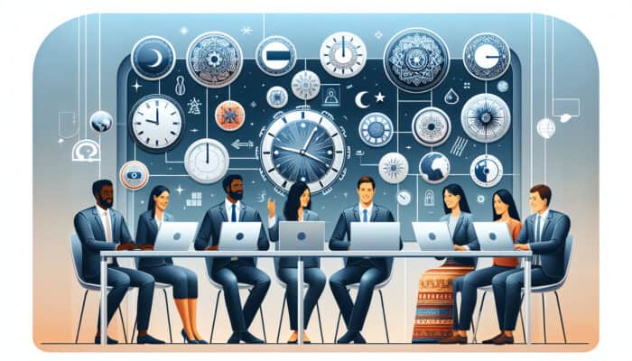 Global team in virtual meeting, using scheduling tools, clocks showing various time zones, all smiling and engaged.