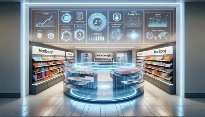 A dynamic Marlborough store featuring diverse products with a floating digital platform displaying analytics.