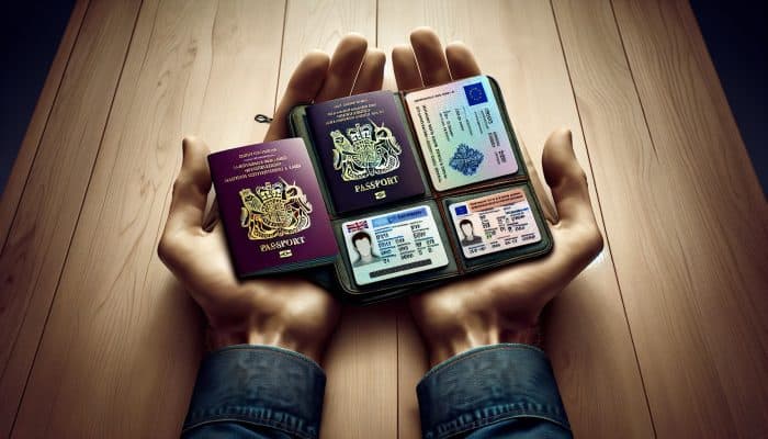 What Documents Do Debt Consolidation Loans Need in the UK | DCL What Documents Do Debt Consolidation Loans Need in the UK: A hand displaying a UK passport, driving license, national identity card, and citizenship certificate on a table.