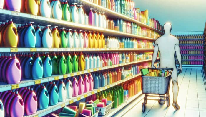 Clearing a UK Rental on a Budget: A budget store aisle with affordable cleaning products and shoppers browsing deals.