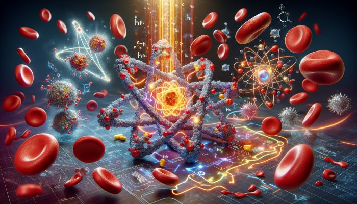 Illustration of iron and magnesium atoms with energy pathways and red blood cells, symbolising energy production and oxygen transport.