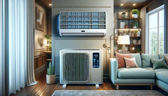 Air Conditioning Services in North Vancouver: A modern air conditioning unit with high SEER rating, smart thermostat, and advanced air filter in a North Vancouver home.
