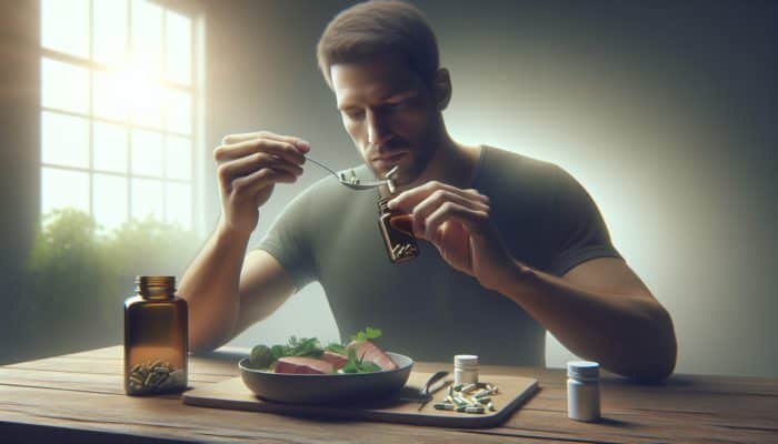 Person adjusting nitric oxide supplement dosage, eating to reduce side effects, in a calm setting.