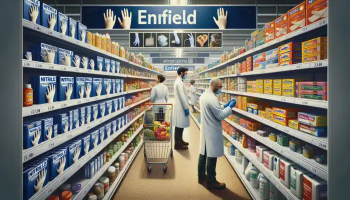Nitrile Gloves in Enfield: A supermarket aisle displaying a variety of nitrile glove brands and groceries for diverse customers.