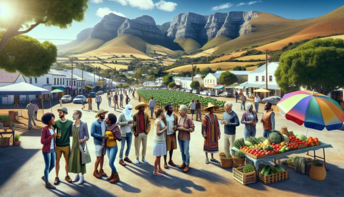 A vibrant scene of Colesberg's farmers' market with friendly locals, surrounded by picturesque landscapes and hiking trails.