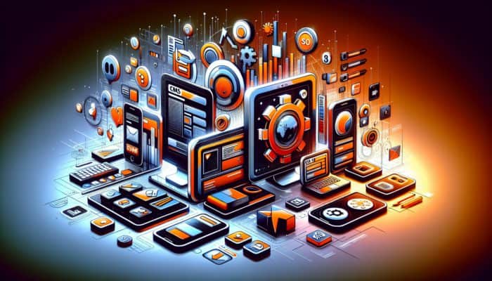 Modern website interface showcasing icons for CMS, responsive design, and SEO, adapting for various devices.