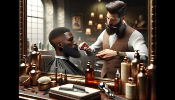 A barber grooming a man's beard with precision tools in a stylish, well-lit salon.