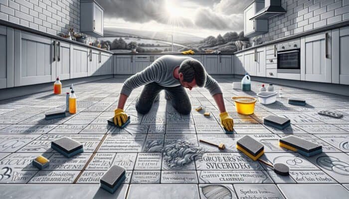 Individual cleaning grout haze from kitchen tiles in West Dunbartonshire, achieving a sparkling finish.