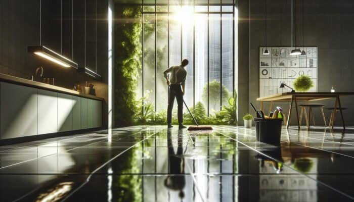 Individual in West Dunbartonshire cleaning slate floors with eco-friendly solutions, illuminated by natural light and surrounded by greenery.