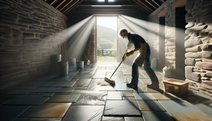 Individual scrubbing slate floors with natural solutions in West Dunbartonshire, sunlight illuminating the clean surface.