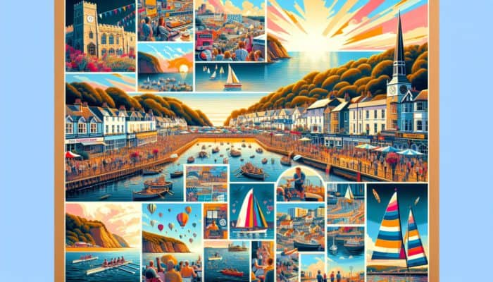 A vibrant collage depicting Sidmouth's Folk Festival, regatta, local landmarks, and a business's community engagement initiatives.