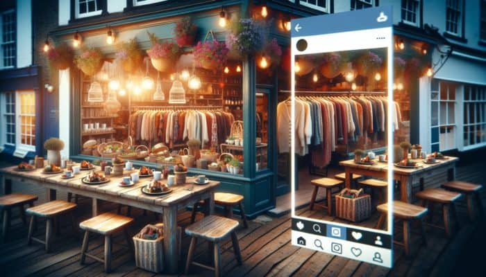 A bustling Sidmouth café displaying seasonal dishes alongside a stylish boutique featuring unique clothing on Instagram.