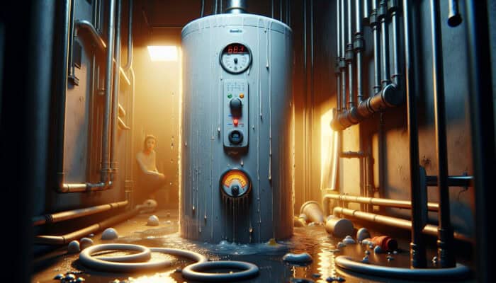 A malfunctioning water heater showing signs of leaks, sediment buildup, and fluctuating gauges in a dimly lit utility room; a concerned homeowner is nearby.