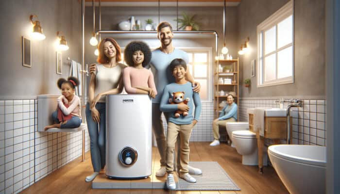 A modern tankless water heater installed in a cozy Richmond bathroom, replacing an old tank model and reducing energy costs.