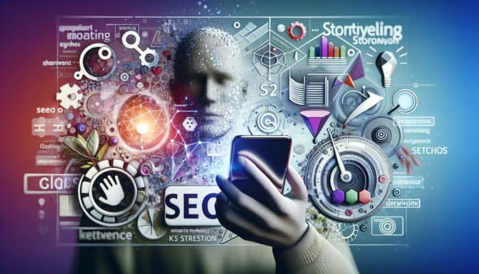 A person using a fitness app on a smartphone, surrounded by SEO and content marketing elements, with a search engine results page background.