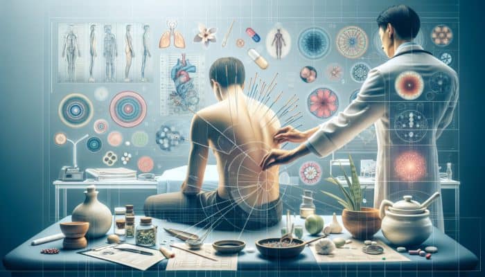 A tranquil UK clinic seamlessly blending Eastern and Western healing practices with acupuncture treatment.