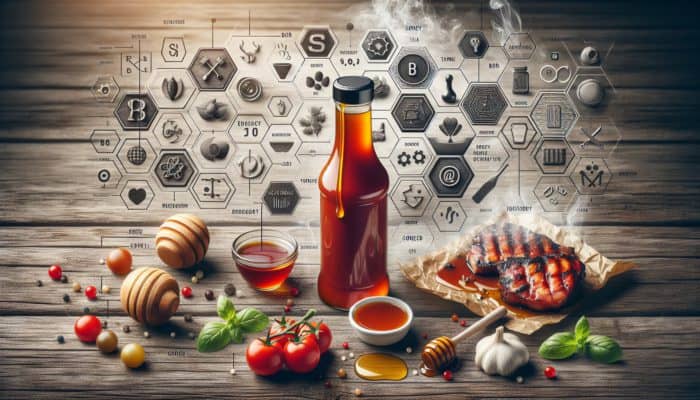 A BBQ sauce bottle with honey dripping in, surrounded by vinegar and tomatoes on a wooden table.
