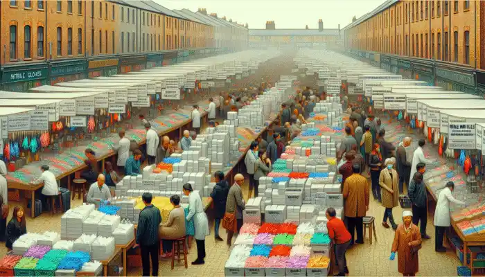 A bustling Newcastle marketplace with stalls selling various nitrile gloves for medical, food, and industrial use.
