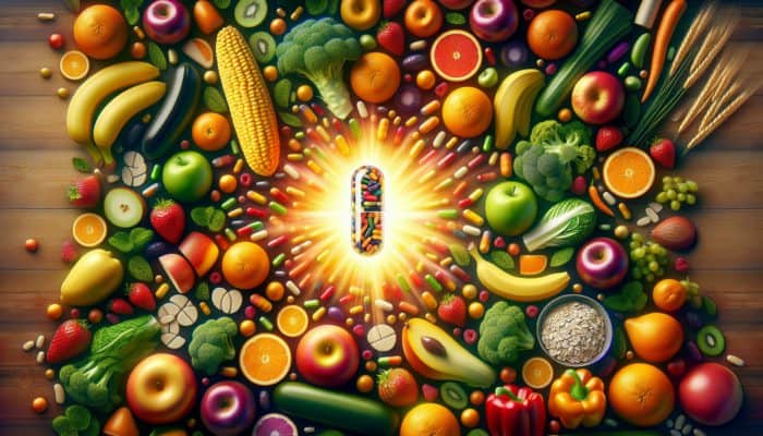Multivitamins vs. Food Nutrients: A colorful assortment of fruits, vegetables, whole grains, and a central multivitamin capsule, representing nutritional support for busy lifestyles.