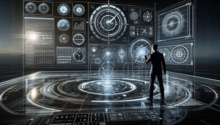 A person using a futuristic digital interface to plan their day, surrounded by clocks and calendars, illustrating advanced time management and goal alignment.