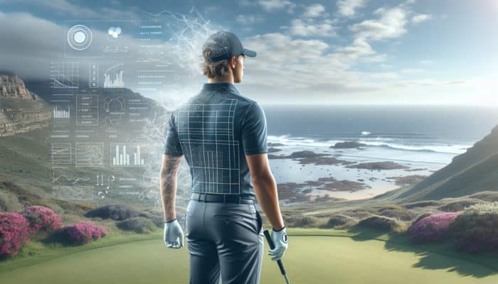 A South African golfer using breathing exercises and positive affirmations to enhance visualization amidst coastal winds.