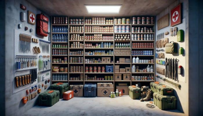 SHTF Teamwork Tips: A survival bunker with organized shelves of food, water, medical kits, and tools for emergencies.
