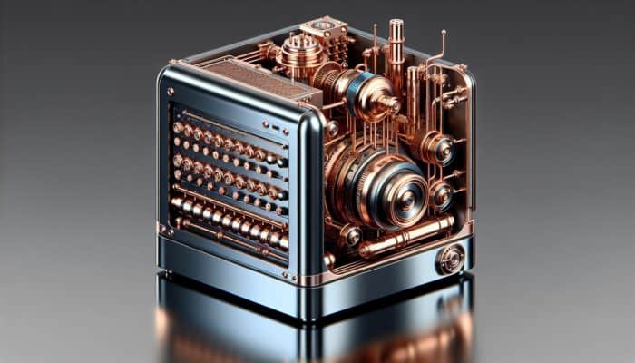 A sleek machine featuring copper elements that routinely uploads new content to a website weekly.