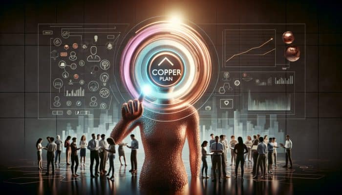 Individual selecting the Copper Plan on the EasyGold website, with the team setting up services, and a flourishing website reflecting rising visitor statistics.