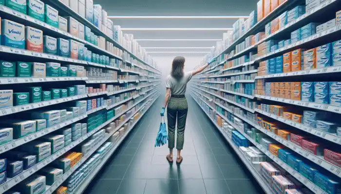 A shopper in Tesco, Wrexham, choosing vinyl gloves from a diverse selection of brands and sizes on a well-stocked shelf.