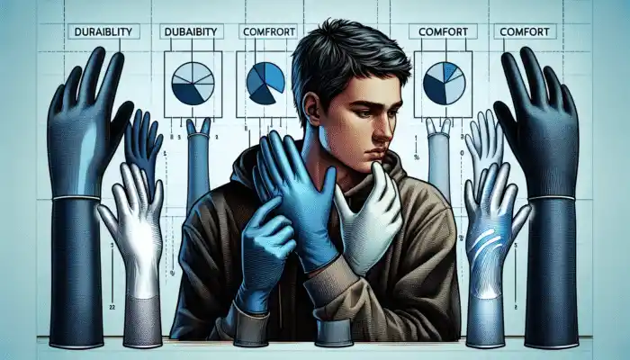 A person in Wrexham analyzing various vinyl glove brands, considering cost, quality, durability, and comfort with detailed feedback.